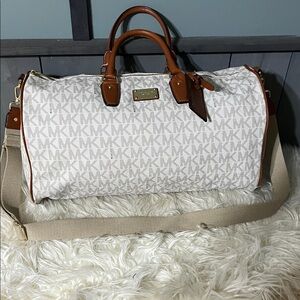 Michael Kors White and Brown Monogram Duffel Bag
